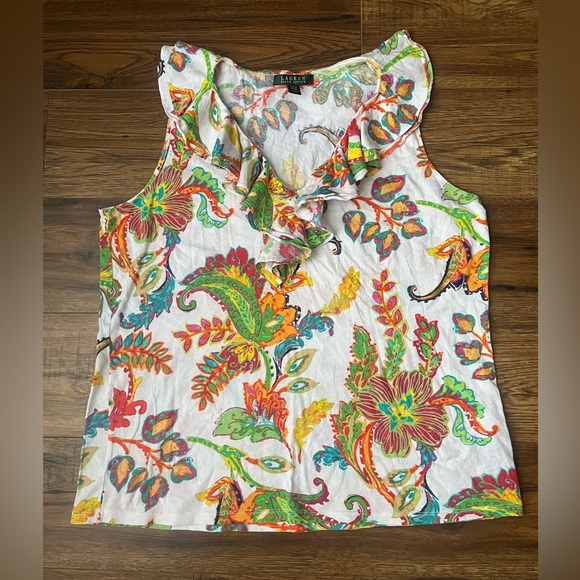 Lauren Ralph Lauren Colorful Floral Sleeveless Top Ruffle Front Cotton Summer 1X - Picture 1 of 6